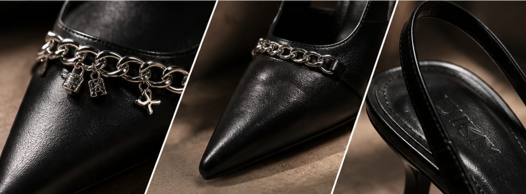 Détail des escarpins noirs à talon avec chaîne